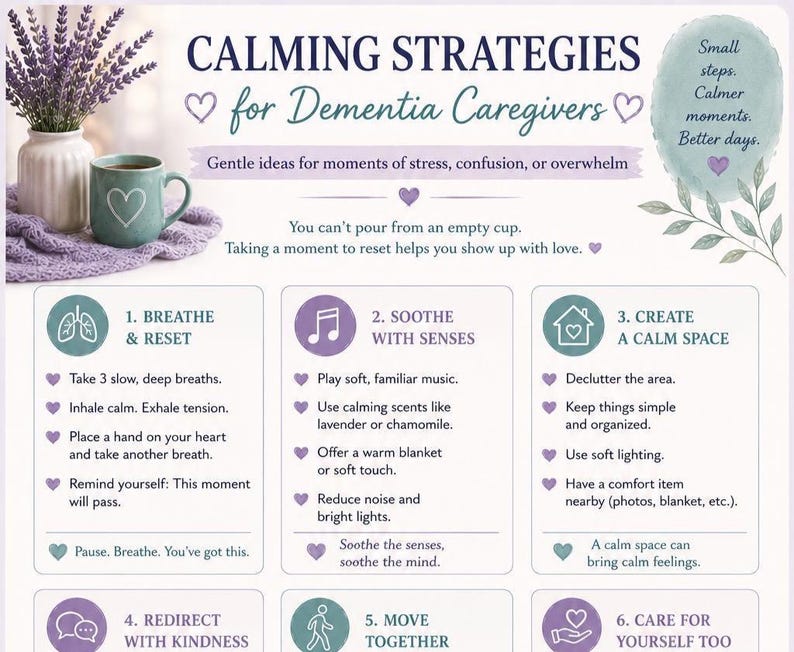 May include: An informational infographic titled Calming Strategies for Dementia Caregivers, featuring a lavender bouquet, a teal mug with a heart, and six numbered steps for stress management, including Breathe and Reset, Soothe with Senses, and Create a Calm Space.