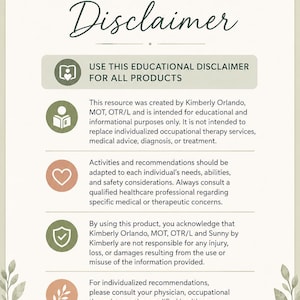 May include: A vertical educational disclaimer document with a light beige background and green leaf illustrations. The text reads: EDUCATIONAL Disclaimer, USE THIS EDUCATIONAL DISCLAIMER FOR ALL PRODUCTS, followed by four paragraphs of legal text.