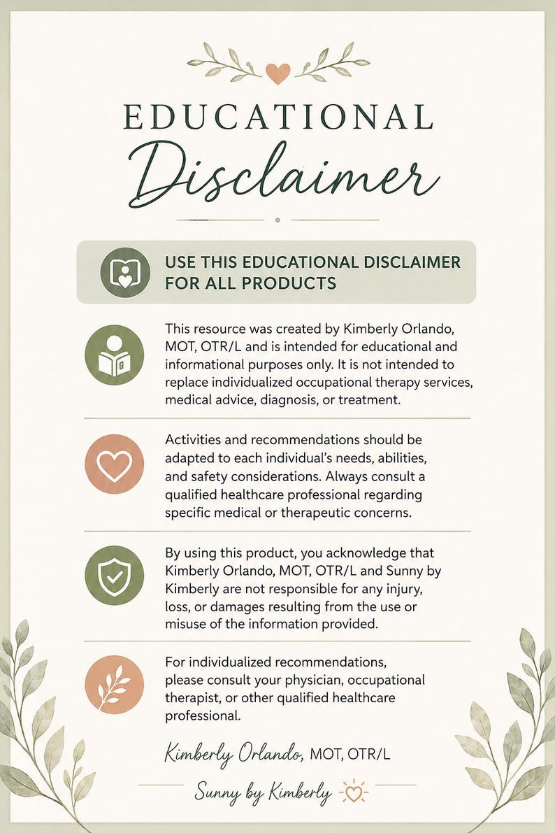 May include: A vertical educational disclaimer document with a light beige background and green leaf illustrations. The text reads: EDUCATIONAL Disclaimer, USE THIS EDUCATIONAL DISCLAIMER FOR ALL PRODUCTS, followed by four paragraphs of legal text.