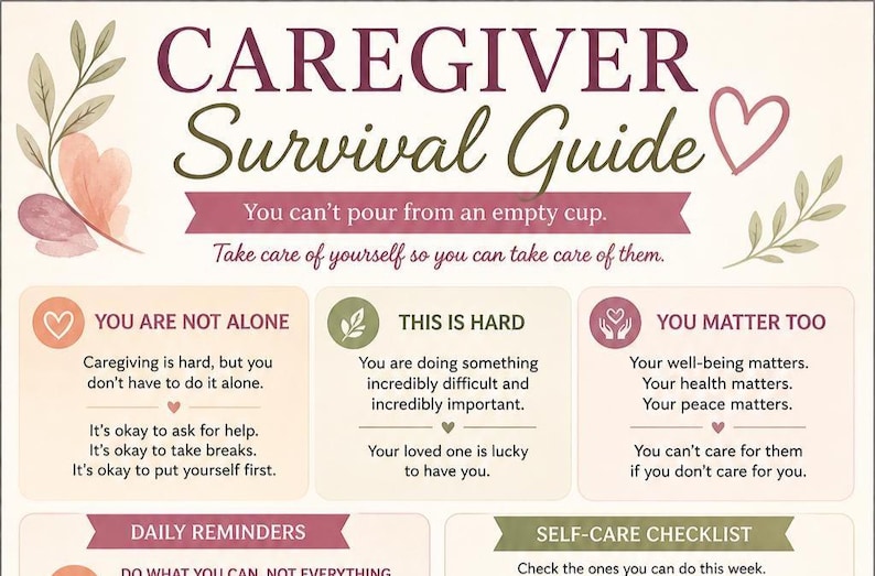 May include: A Caregiver Survival Guide infographic with a cream background, featuring maroon text, watercolor-style leaves, and heart icons. It includes sections titled You Are Not Alone, This Is Hard, You Matter Too, and a Self-Care Checklist.