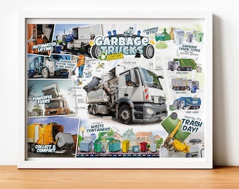 Garbage Truck Recycling Vehicles Print Poster Wall for Kids, Gift Idea for Boys, beautiful truck poster with high quality illustrations