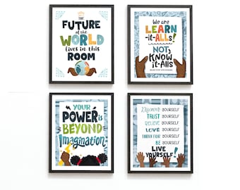 Decoração para quarto infantil com foco em mentalidade de crescimento, pôsteres com frases inspiradoras (download digital)