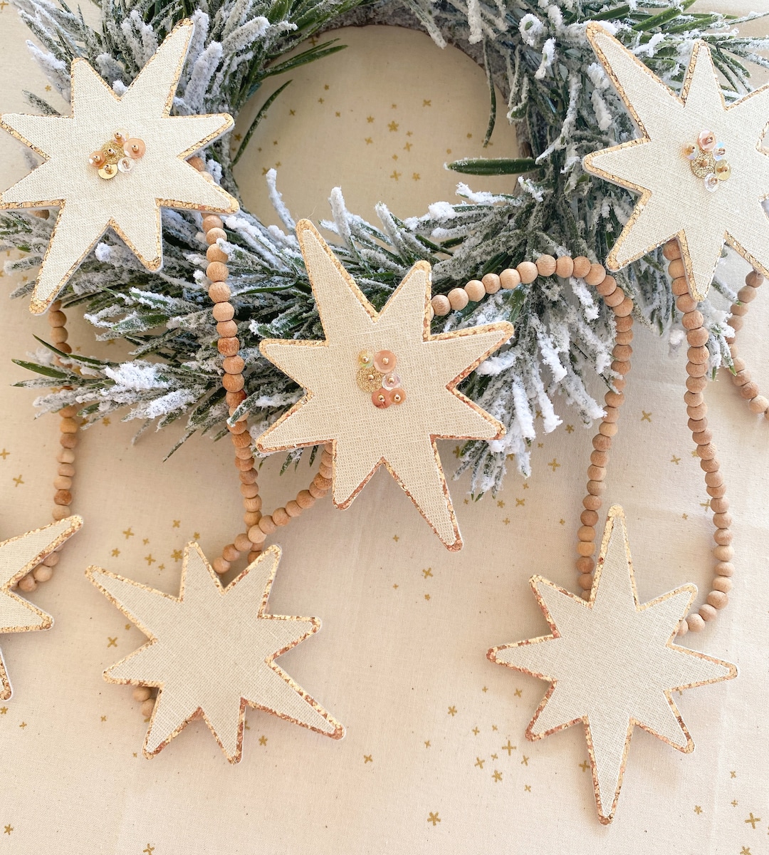 Gold Star Garland With Natural Wooden Beads / Glitter Star Christmas ...