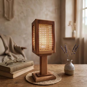 Wood and Rattan Table Lamp, Japandi Nightstand Lamp, Boho Desk Light, Mid Century Modern Bedside Lamp, Handmade Minimalist Wooden Light