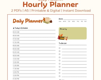 A5 Autumn Hourly Planner Printable | 30 Minute Increment, Hourly Time Blocking PDF, Daily Overview