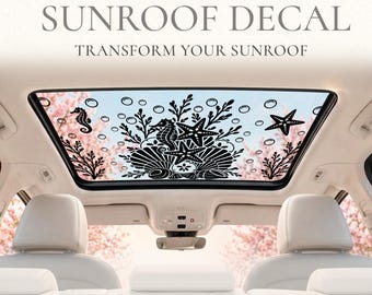 May include: A black vinyl sunroof decal featuring an underwater scene with seahorses, starfish, seashells, coral, and bubbles applied to a car sunroof. The text FarmHouse Decals, SUNROOF DECAL, and TRANSFORM YOUR SUNROOF is printed above the decal.