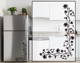 May include: A black vinyl wall decal featuring a floral corner design with stylized lilies, swirling vines, and small dots. The decal is shown applied to the bottom corner of a stainless steel refrigerator and as a large overlay graphic.
