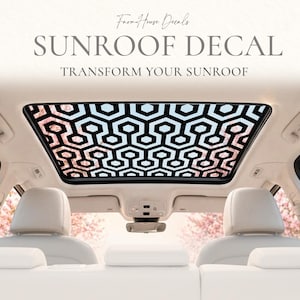 May include: A black and white geometric hexagonal pattern decal applied to a car sunroof. The text FarmHouse Decals, SUNROOF DECAL, and TRANSFORM YOUR SUNROOF is visible at the top of the image above the vehicle interior.
