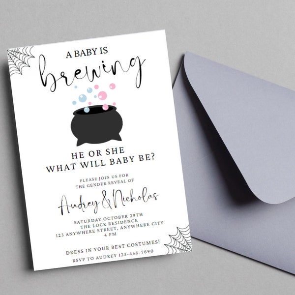 Baby is Brewing Invitation, Gender Reveal Invitation, Halloween Themed Invitation, Digital Invitation, Editable Template, Evite