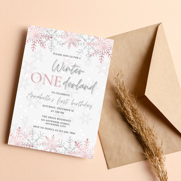 Winter Onederland, Winter Birthday, Winter Onederland Birthday Invitation, First Birthday Invitation, Pink, Snowflake, Editable Template