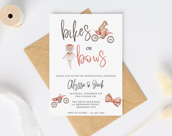 Fahrrad oder Schleife Gender Reveal Einladung, Gender Reveal, Junge oder Mädchen, Bögen, Dirt Bike, bearbeitbare Vorlage, Evite, Tiere, 13x18 Einladungskarte
