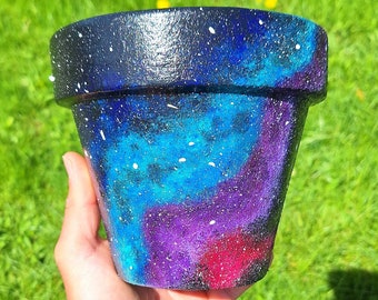 Flower pots, Painted pot, Terracotta, Galaxy art, Space decor, Galaxy decor, outer space decor, indoor planters, witch decor, witchy