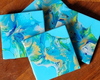 Ceramic Coaster Set - Acrylic poured Coasters - Painted Coaster set