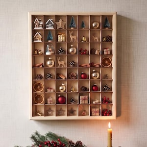 56 Compartment Wooden Shadow Box Shelf for Collectibles, Wall Mounted Shelf Box and Miniature Display Cabinet