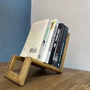 Solid Wood Angled Bookstand for Desk - Tabletop Book or Record Storage, Now Playing Stand, Minimalist Record Stack L-Shaped Shelf, Engraved