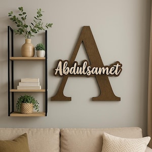 Personalized Wooden Name Sign with Large Initial - Rustic Nursery Wall Art Decor, Wood Word Cutout  for Kids Room, Wooden Letters for Wall
