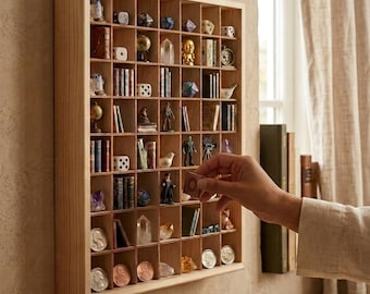Curio Shelf, Miniature Display Cabinet, Wooden Display Case for Collectibles: Mini Trinkets, Tiny Books and Knick Knacks, 56 Compartments