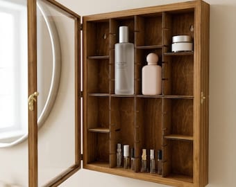 Armario de baño de madera con puertas de cristal, organizador y expositor de perfumes de pared, soporte para colonia, regalo del Día de la Madre para mamá