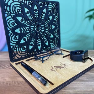 Wooden Book Valet Tray, Nightstand Organizer & Page Bookmark, Unique Book Nook, Tablet Holder Wood, Birthday Gift for Mom and Grandma Reader