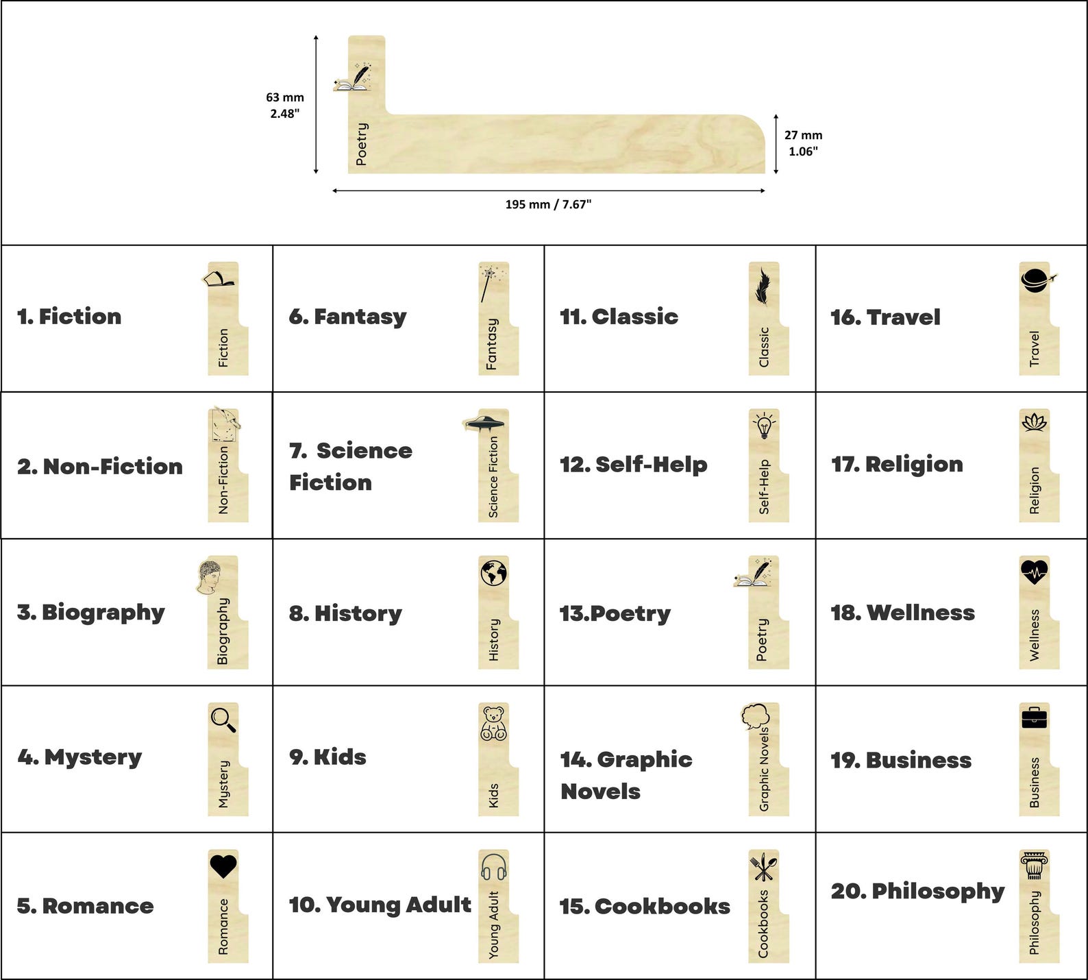 Book Shelf Dividers - Custom Set Genre Organizers for Libraries and ...