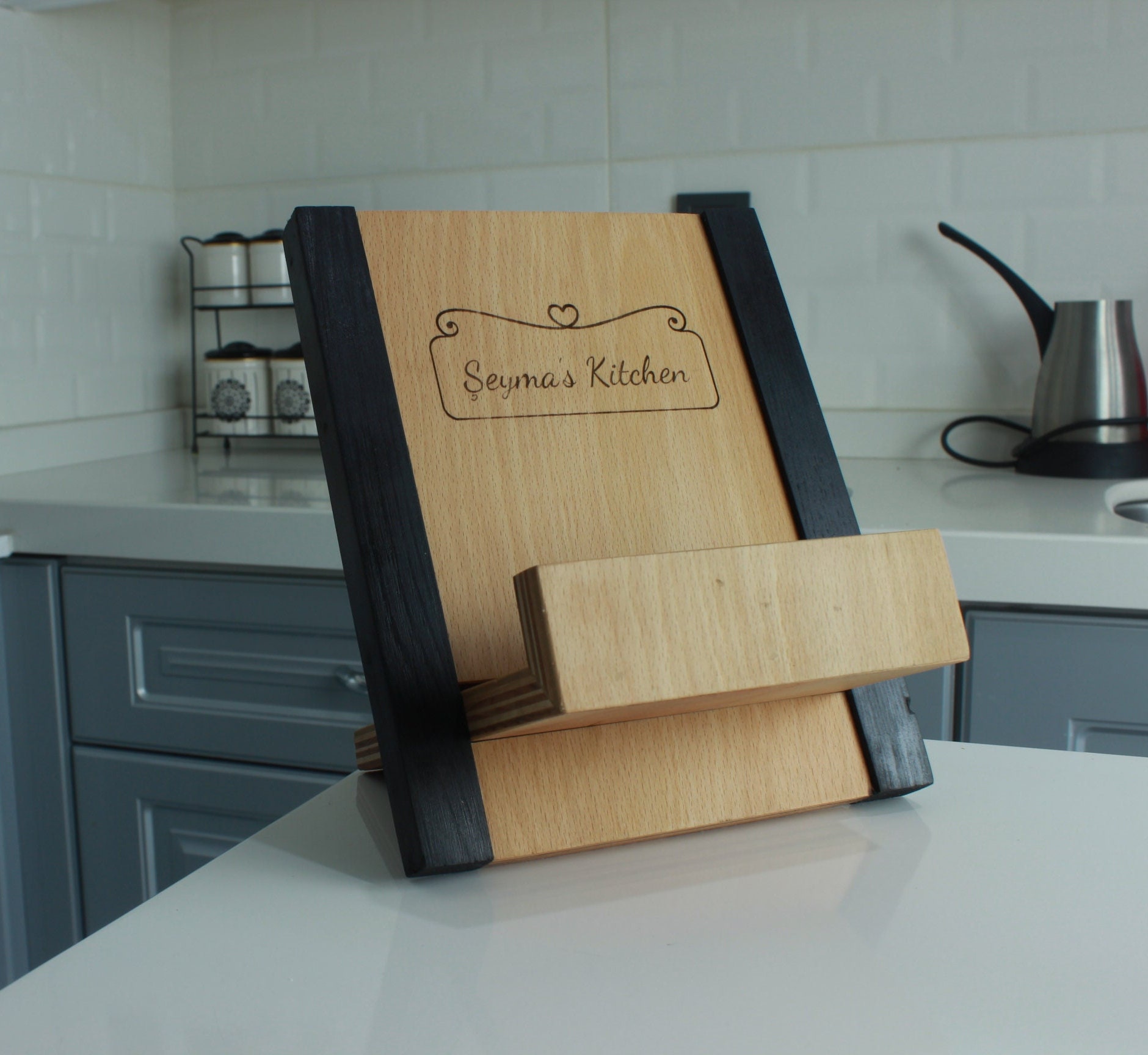 Soporte para libro de cocina, de madera rústica, estilo tabla de cortar,  soporte ajustable para libros de recetas para iPad y soporte para cocina  con