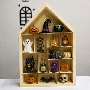 Halloween-objectdisplay, curiosaplank in huisstijl, miniatuurvitrinekast, etui voor verzamelobjecten: minisnuisterijen, prullaria,