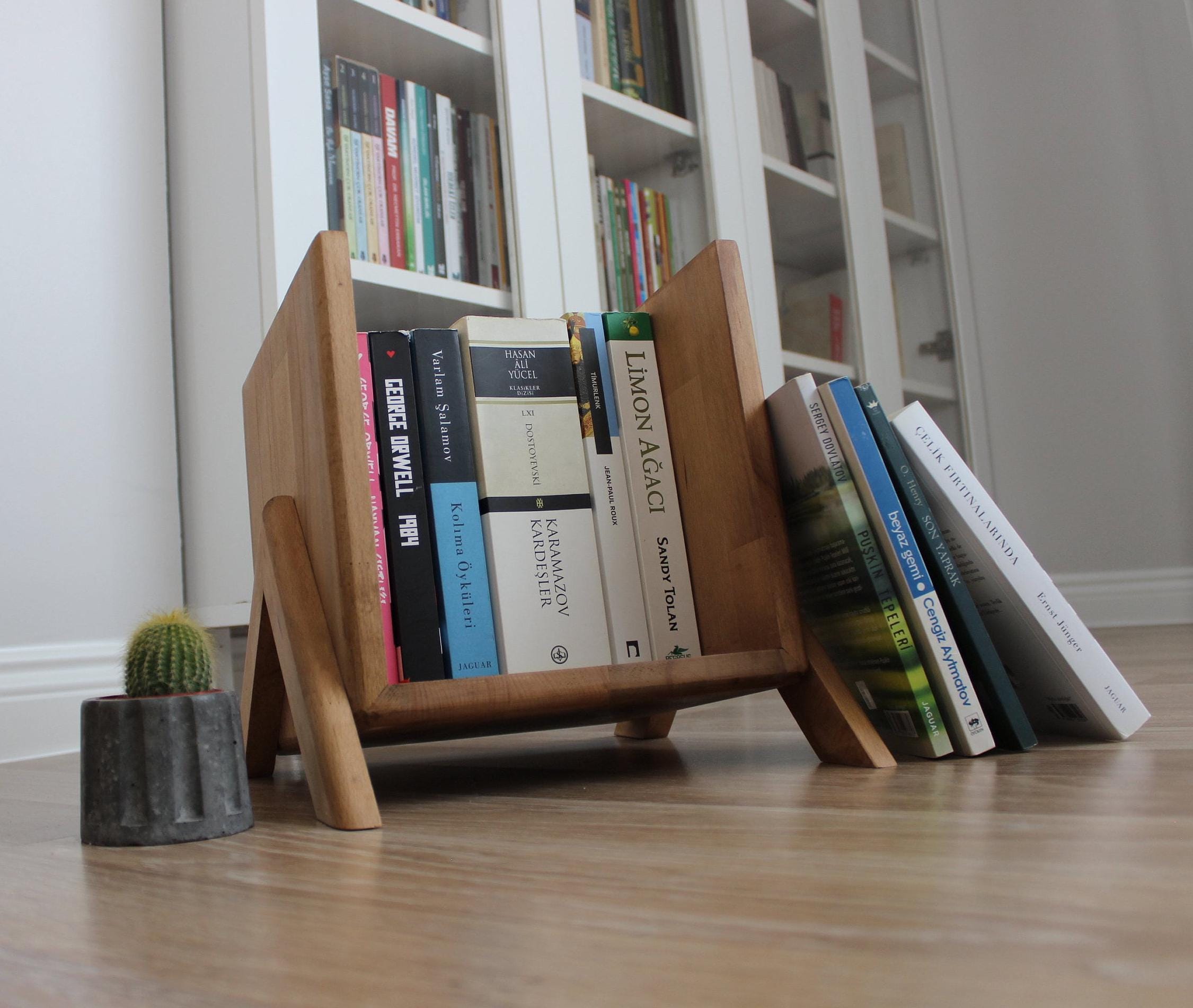 Floor Book Holder or Rustic Wooden Tabletop Bookshelf: Handcrafted Minimalist Display Stand for Home or Home Office Gift, Mid Century Modern