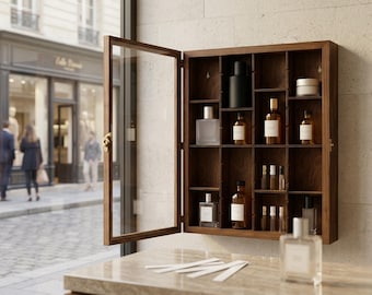 Armario para perfumes de pared con puertas de cristal, expositor y organizador, soporte para colonia, regalo práctico.