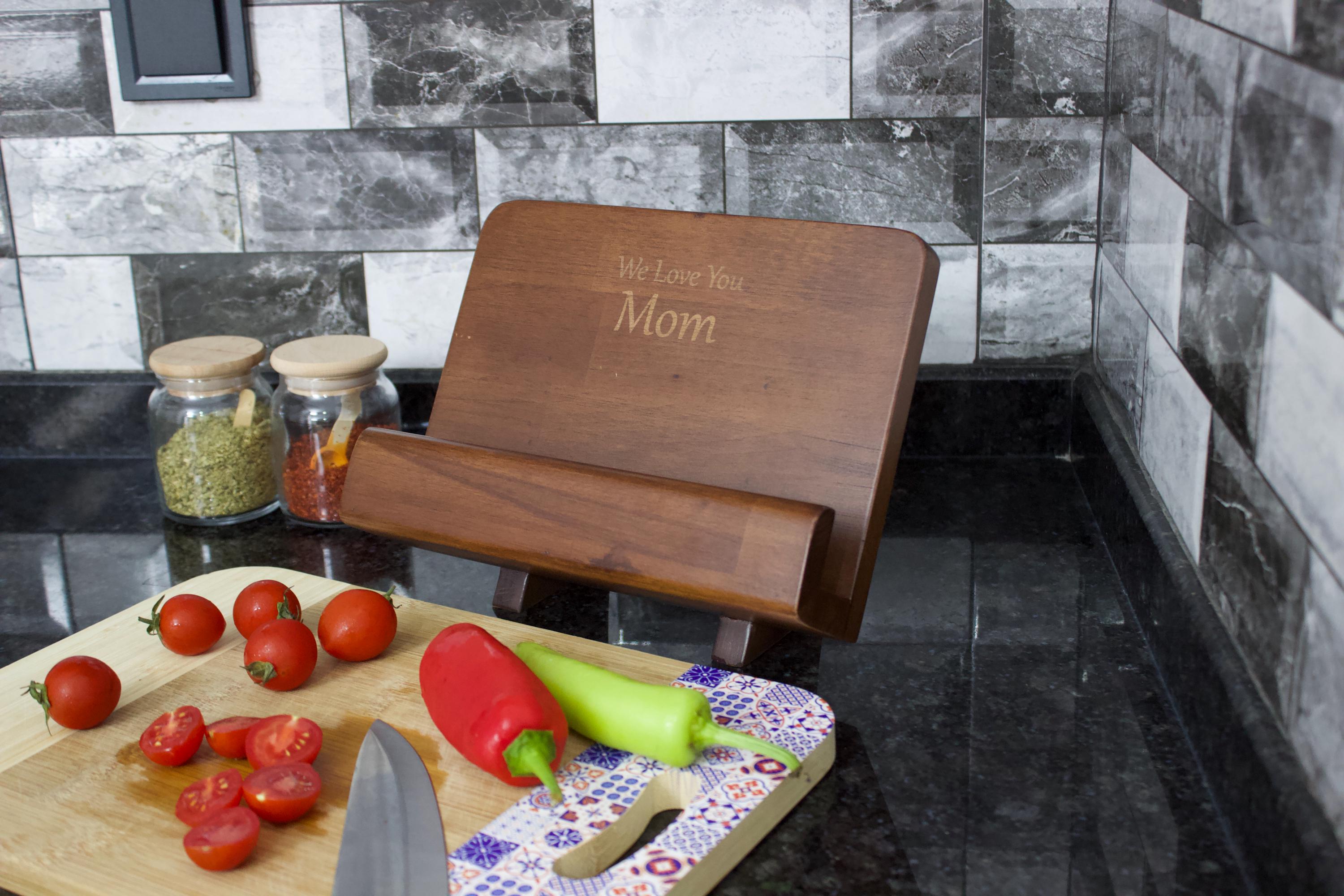 Personalized Wooden Cookbook Stand: Foldable Recipe Book Holder - Custom Kitchen Gift for Mom, Mothers Day Gift, Customized Open Book Stand