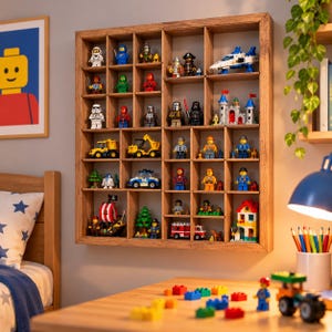 May include: A wooden wall-mounted display shelf with multiple square compartments containing various plastic building block minifigures, small vehicles, a miniature castle, a pirate ship, and building structures arranged in a grid pattern.