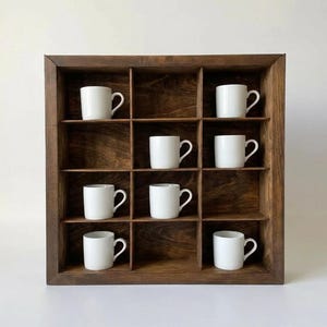 May include: A wooden display shelf with nine compartments, each holding a white ceramic mug. The shelf is made of dark brown wood, and the mugs are evenly spaced. The background is a plain white surface.