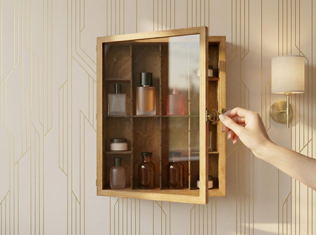 Computer Frame Perfume Wood Perfume Cabinet With Glass Door, Wall Mounted Fragrance Display ...