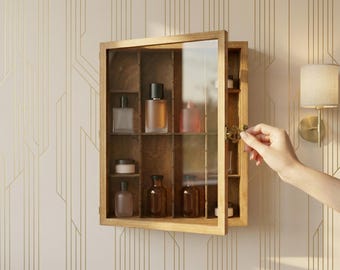 Wood Perfume Cabinet with Glass Door, Wall Mounted Fragrance Display Case with Compartment Dividers, Mother's Day Gift for Women