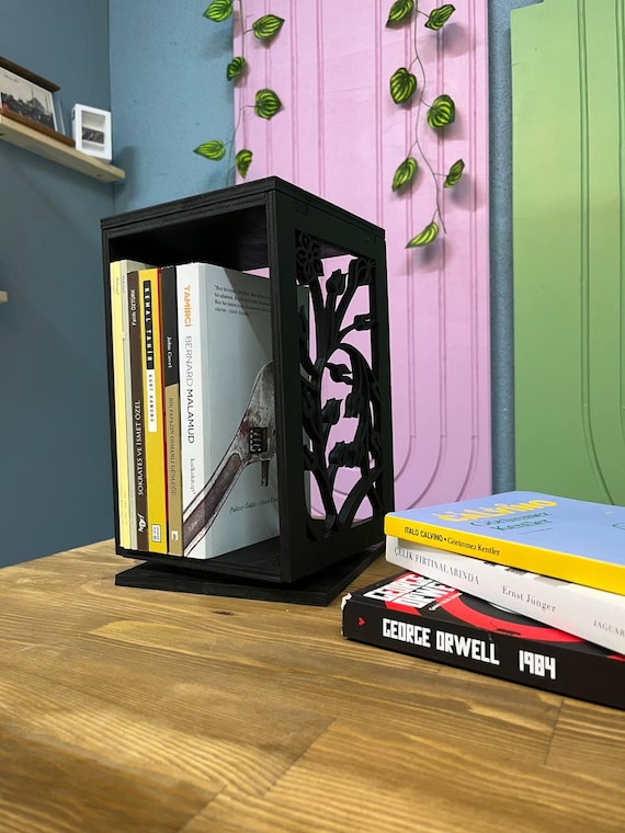 Compact Laser Cut Rotating Bookshelf - Decorative Desk Organizer for Office, Home Library & Book Lovers, Ornamental Black Wood Desk Bookcase