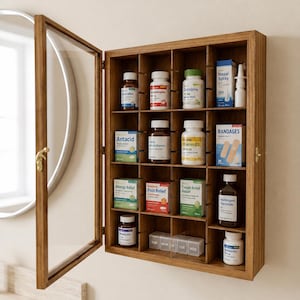 May include: A wall-mounted wooden medicine cabinet with a hinged glass door, featuring multiple interior compartments filled with various labelled bottles, boxes of bandages, nasal spray, hydrogen peroxide, and a daily pill organiser.