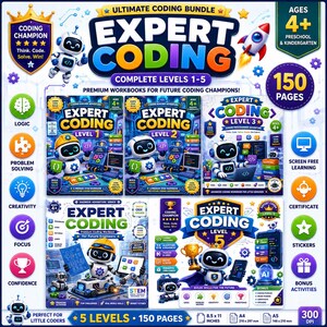 Puede incluir: Un paquete de aprendizaje Expert Coding para niños de 4 años en adelante, con 150 páginas en cinco libros de ejercicios. El conjunto incluye ilustraciones coloridas de robots, un cohete e iconos educativos de lógica y creatividad.