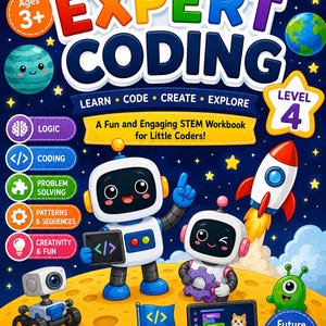 May include: A STEM workbook titled Expert Coding Level 4 featuring two cartoon robots, a rocket, and space elements on a yellow planet surface. The cover includes text such as Learn, Code, Create, Explore, and Future Coders Start Here on a dark blue background.