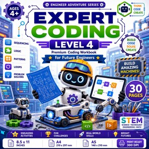 Op de afbeelding: Een codeerwerkboek getiteld Expert Coding Level 4 for Future Engineers. De cover toont een witte robot met een gele helm die een blauwdruk en een tablet vasthoudt. Tekst bevat Sequencing, Logic, Patterns, Loops, Problem Solving en 30 Pages. Afmetingen A4 210 x 297 mm.