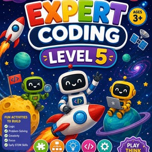 Peut inclure: Un cahier d'exercices éducatif coloré intitulé Expert Coding Level 5 avec des illustrations sur le thème de l'espace, des robots, des planètes, une fusée et un satellite. La couverture inclut Learn Code Create, Ages 3+ et Play Think Code Grow.