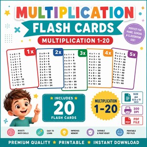May include: A set of multiplication flash cards featuring numbers 1-20, displayed on colourful cards with math equations. The design includes a cartoon character, the text MULTIPLICATION FLASH CARDS, and icons indicating A4 21 x 29.7 cm size.