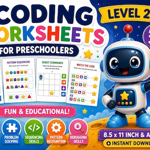Codeerwerkbladen voor kleuters niveau 2 | Logica, volgordebepaling, problemen oplossen (digitale download)