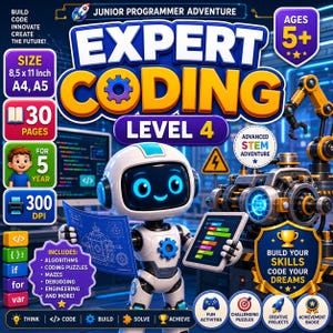 以下が含まれることがあります： Junior Programmer Adventure Expert Coding Level 4の教育用ブックカバー。青写真とタブレットを持つ白いロボットが描かれています。テキストにはBuild Code Innovate Create The Future、30ページ、A4、A5、Advanced STEM Adventureが含まれています。