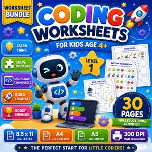 Può includere: Un pacchetto educativo digitale intitolato Coding Worksheets for Kids Age 4+ con un robot bianco e blu che tiene una matita, un computer portatile e pagine di attività di esempio, disponibile nei formati A4 (210 x 297 mm) e A5 (148 x 210 mm).