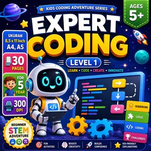 Op de afbeelding: Een boekomslag van de Kids Coding Adventure Series Expert Coding Level 1 met een witte robot met blauwe accenten die een tablet vasthoudt. Het ontwerp bevat een ruimtethema met planeten, een raket en tekst zoals Learn, Code, Create, Innovate en 30 Pages.