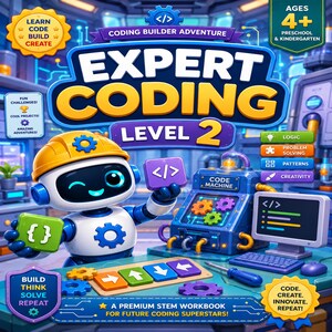 Può includere: Un quaderno di esercizi STEM intitolato Expert Coding Level 2 con un robot dei cartoni animati che indossa un casco giallo. La copertina mostra una macchina per il codice, un computer e blocchi colorati con simboli. Testo: Ages 4+, Build Think Solve Repeat.