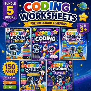 Peut inclure: Un ensemble de cinq livres éducatifs intitulés Coding Worksheets for Preschool Learners, illustrés avec des robots, des fusées et des planètes. Le lot comprend 150 pages aux formats 8,5 x 11, A4 et A5 pour les enfants à partir de 3 ans.