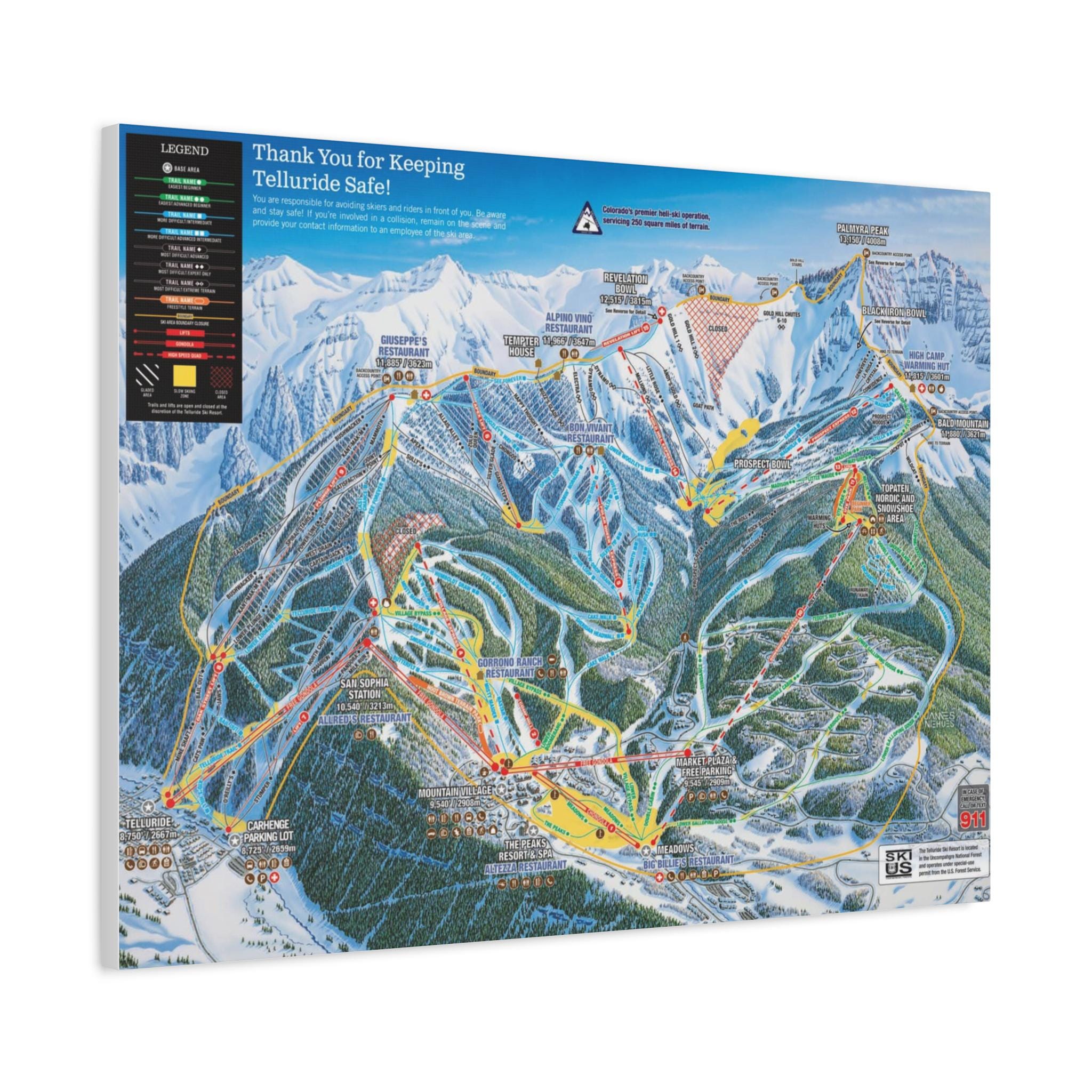 Telluride, Mountain SKi Map - Matte Canvas, Stretched, 32" x 24"