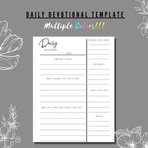Peut inclure: Un modèle de dévotion quotidienne blanc sur fond gris avec des motifs floraux. Le modèle comprend des sections pour les écritures, les leçons et la prière. Le texte en haut indique "Daily Devotional Template" et "Multiple Colors!!!".