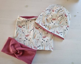 Loopschal Beanie Mädchen Kinder Mohnblumen