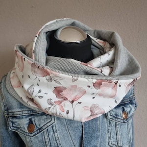 Loop scarf women's handmade scarf jersey flowers grey
